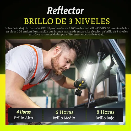 Vista 2 de WARSUN - Luz LED COB recargable, luz magnética para manos libres con gancho, impermeable IPX4 para reparación de garaje, regalos para hombres
