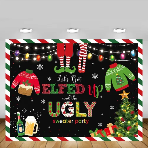 Vista 5 de MEHOFOND Telón de fondo de Feliz Navidad de 7 x 5 pies con texto en inglés "Let's Get Elfed up and The Ugly Sweater Party Fotografía", rojo y verde