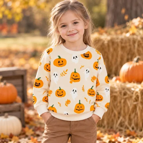 Vista 2 de HILEELANG Sudaderas de Halloween para niños pequeños, de algodón, sin botones, con estampado de calabaza, murciélago, boo, para niños y niñas