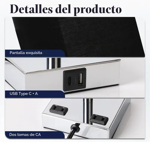 Vista 5 de Lámpara de noche con puertos USB - Lámpara de mesa de control táctil para dormitorio con puertos de carga USB C + A y salidas de AC, lámpara