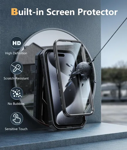 Vista 4 de FNTCASE Funda para iPhone 15-Pro-Max: Cubierta protectora resistente de grado militar a prueba de caídas para teléfono celular con soporte y Negro