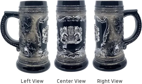 Vista 4 de OktoberfestHaus - Taza de cerveza con escudo de armas del Bayern alemán, escudo de armas Bier Krug con emblema de metal en jarra de cerámica negra