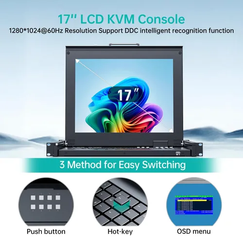 Vista 3 de MT-VIKI Conmutador KVM para rack con monitor LCD de 17 pulgadas, conmutador KVM VGA de 16 puertos con monitor táctil de teclado, apto para rack