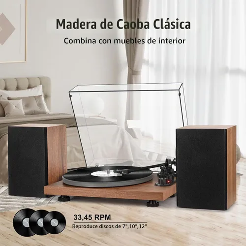 Vista 6 de Tocadiscos con altavoces de 40 W y entrada de salida Bluetooth para discos de vinilo, reproductor de discos de vinilo con preamplificador integrado