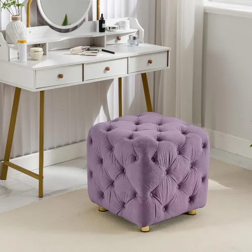 Vista 8 de Otomana cuadrada tapizada de terciopelo, moderna y suave, taburete de maquillaje, asiento cómodo para sala de estar, dormitorio, entrada (morado)