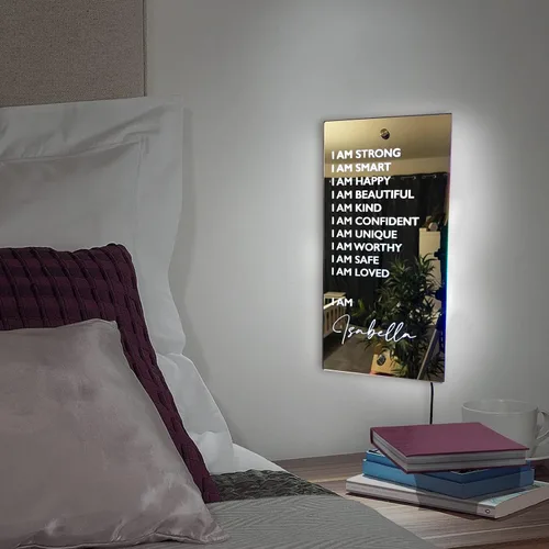 Vista 3 de Espejo de luz LED de neón personalizada de Affirmations "I Am - Decoración de pared con nombre personalizado para dormitorio, espejo LED