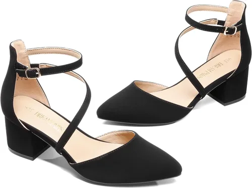 Vista 5 de DREAM PAIRS Zapatos de tacón bajo y grueso para mujer, con correa al tobillo, zapatos elegantes para bodas y negocios