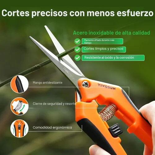 Vista 4 de Podadora manual VIVOSUN, para jardinería, con cuchillas rectas de acero inoxidable, Anaranjado