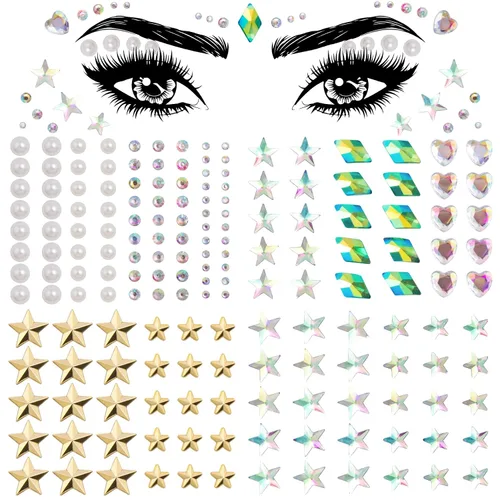 Vista 9 de OIIKI 4 hojas de calcomanías de gemas de cara de corazón de estrella, calcomanías de acrílico para joyería de cuerpo, perlas de luna de Halloween