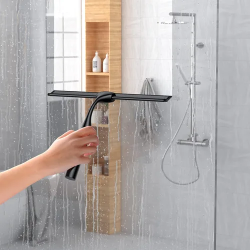 Vista 2 de Shower Squeegee for Glass Doors, 10-Inch Stainless Steel Squeegee Bathroom Doors Mirror Car Windows with Matching Hooks Holder and Replacement Blade