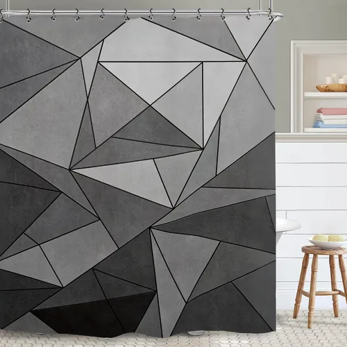 Vista 2 de Abstract Black Gray Geometric Bathroom Shower Curtain 60W by 71H Inch Modern Contemporary Neutral Minimalist Simple Triangle Polyester Fabric 12