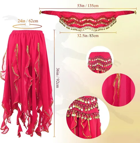 Vista 31 de Haysandy Conjunto de 8 piezas de danza del vientre para mujer, falda de danza del vientre, bufanda de cadera, 2 pulseras, aretes, pulsera de tobillo
