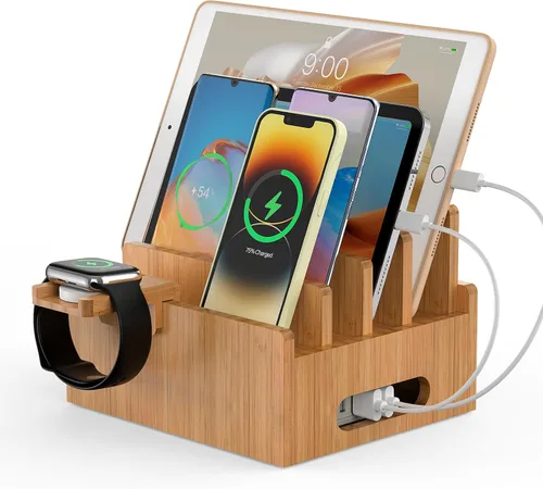 Vista 11 de Pezin & Hulin Estación de carga de bambú para múltiples dispositivos con cargador USB de 5 puertos, 5 cables, soporte para reloj inteligente