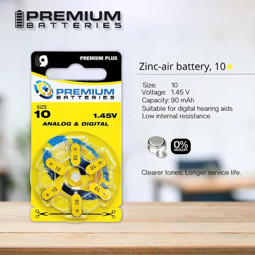 Vista 2 de Pilas Premium para audífonos, tamaño 10, 1.45V, con pestaña amarilla (6 pilas)