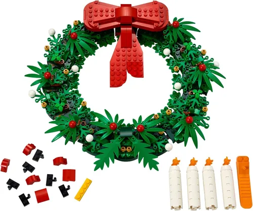 Vista 3 de Corona de Navidad 2 en 1 icónica de LEGO con gran lazo rojo y adviento 40426