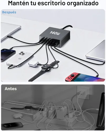 Vista 6 de Estación de carga USB C, estación de carga rápida GaN III de 7 puertos de 140 W, estación de carga USB PD 3.0 para múltiples dispositivos, estación