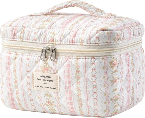 Vista 22 de HBselect Bolsa de Maquillaje Acolchada, Bolsa de Maquillaje Grande de Algodón para Viaje, Lindas Bolsas de Maquillaje con Flores Coquette, Bolsas