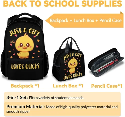 Vista 3 de FUZZYFIT Mochila de pato con juego de lonchera para niños, mochilas escolares 3 en 1 a juego, bonita bolsa negra y estuche para lápices