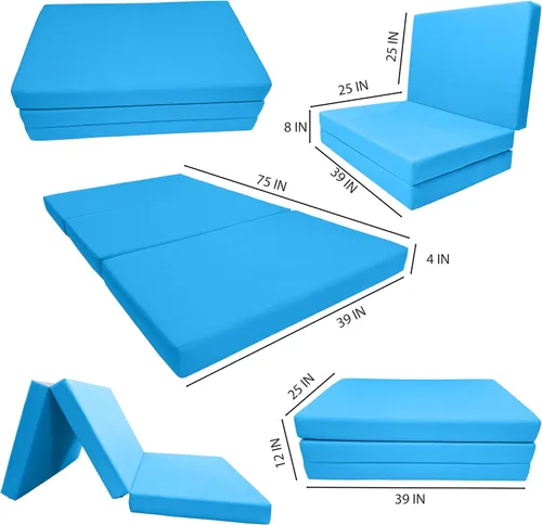 Vista 2 de Shikibuton Cama plegable en 3, espuma de alta densidad de 1.8 lbs, tamaño Twin, Full, Queen, colchones plegables. Turquesa
