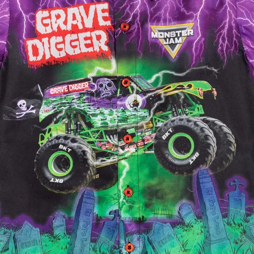 Vista 3 de Monster Jam Trucks Grave Digger - Camisa hawaiana de manga corta con botones para niños