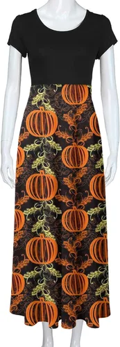 Vista 4 de Vestido largo con estampado de Halloween para mujer, manga corta, talla grande, holgado, para fiesta en la playa, cuello redondo, casual, vestido