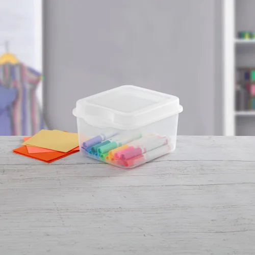 Vista 4 de Sterilite FlipTop, contenedor de almacenamiento pequeño apilable con tapa con bisagras, contenedor de plástico para organizar el escritorio