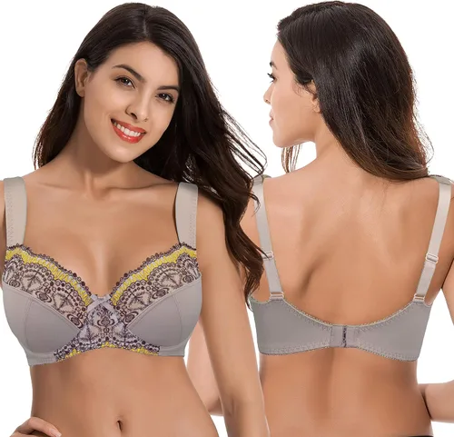 Vista 3 de Curve Muse Womens Plus Size Minimizer Underwire Bra with Lace Embroidery-2or3PK