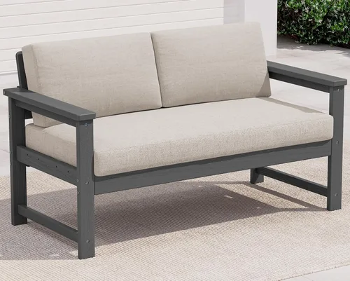 Vista 20 de SERWALL Juego de sofá de 2 piezas de sillón Adirondack acolchado de Marco negro/cojín gris