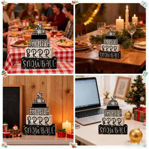 Vista 6 de 4 piezas de decoraciones navideñas para interiores - decoración de mesa de bola de nieve de madera para el hogar - centro de mesa navideño
