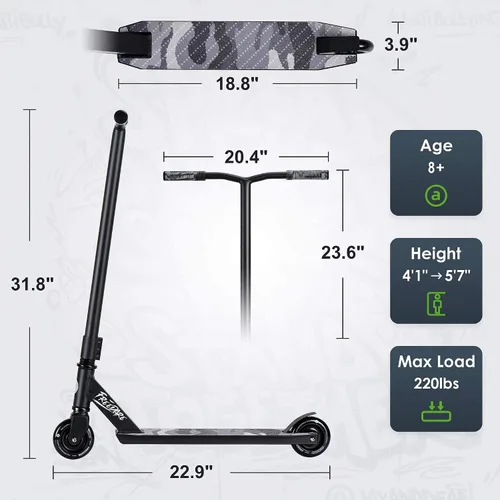 Vista 4 de FREEDARE Complete Pro Stunt Scooter for Kids 8 Years and Up, Teens, Adults Negro-JB1