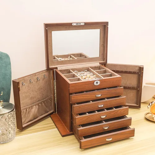 Vista 6 de TITISKIN Large Wooden Jewelry Box for Women 6 Drawers Storage Box Organizer Container with Lock Mirror Velvet brown