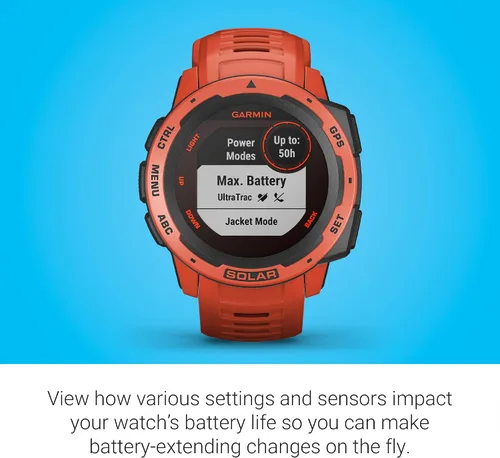 Vista 5 de Garmin Instinct Solar, reloj inteligente resistente para exteriores alimentado por energía solar, aplicaciones deportivas integradas y monitoreo