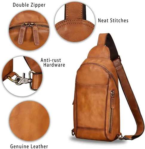 Vista 6 de Mochila bandolera de piel auténtica para hombre, mochila de senderismo, vintage, hecha a mano, con hombros en el pecho, mochila de riñonera