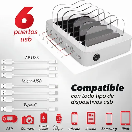 Vista 2 de Base de carga USB, estación de carga universal de 6 puertos para múltiples dispositivos, estación de carga para múltiples dispositivos, compatible