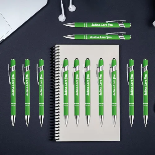 Vista 5 de Aolun Bolígrafos personalizados, bolígrafos con grabado personalizado con lápiz capacitivo, 12 unidades, metal suave al tacto, nombre grabado, Verde