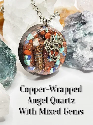 Vista 2 de Hubbering Dragon Angel Quartz Copper Wrapped Power Packed Crystal With Mixed Stones Disk Orgone Pendant - Unique Handcrafted Orgonite