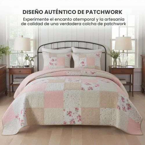Vista 2 de Soul & Lane Blush Bloom - Juego de colcha de algodón, tamaño individual con 1 funda de almohada, colcha acolchada floral con diseño de parches