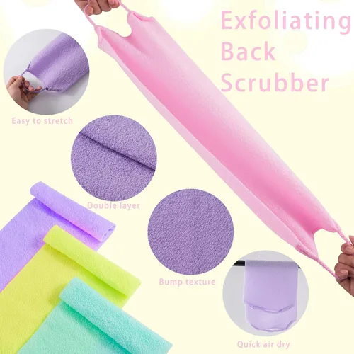 Vista 3 de 4 piezas exfoliante de espalda con asas, exfoliante de espalda de nailon de longitud extendida, paño exfoliante elástico, correa de tirar, limpiador