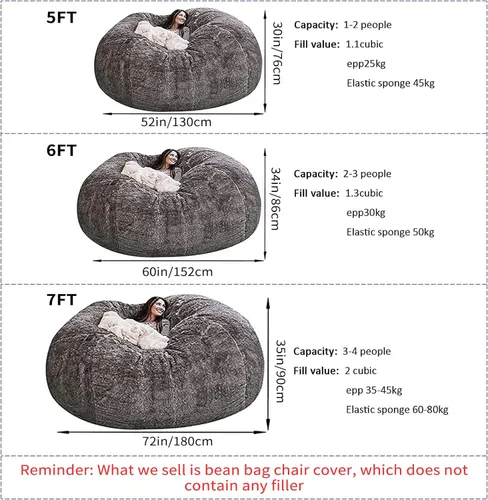Vista 2 de Funda para silla tipo puf de piel gigante para niños y adultos, (sin relleno), muebles de sala de estar, grande, redondo, suave, esponjoso, de piel