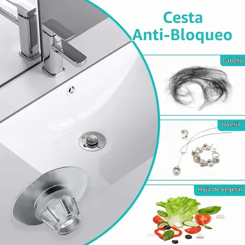 Vista 3 de Tapón para lavabo, colador de desagüe para lavabo de baño con colector de pelo, para orificio de desagüe de 1.04''~1.97'', cubierta de desagüe Cromo