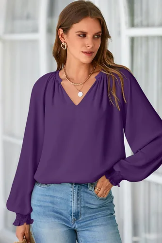Vista 3 de Dokotoo - Blusas para mujer, blusón de manga larga, cuello en V, casuales, de gasa, atuendos para otoño