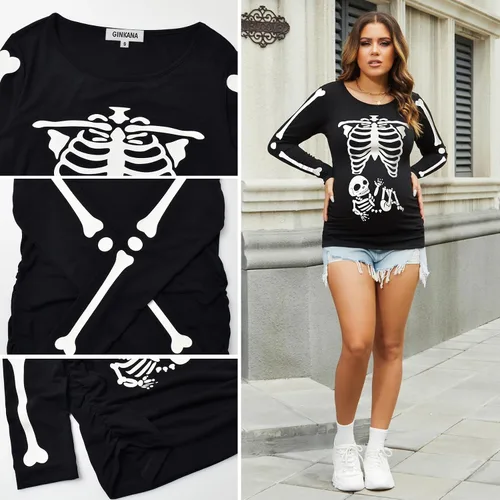 Vista 6 de GINKANA Camiseta de béisbol para mujer, cuello redondo, manga raglán floral, camiseta superior de maternidad, blusa para embarazo Esqueleto A-glow