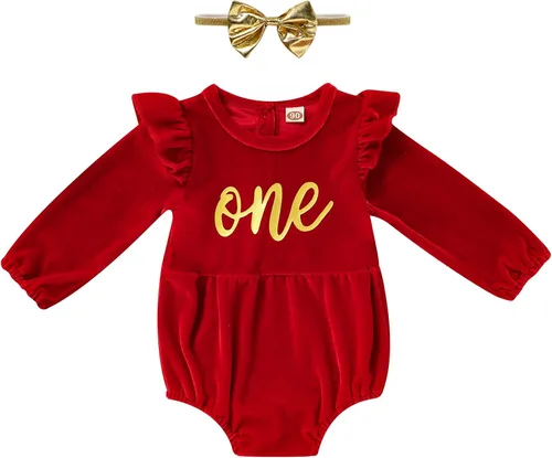 Vista 8 de GRNSHTS Ropa de primer cumpleaños para niña de terciopelo de un año de edad, mameluco de manga larga + diadema, 2 piezas de trajes de pastel