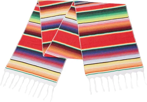 Vista 7 de Camino de mesa mexicano de 14 x 84 pulgadas, decoración de boda para fiesta de fiesta, caminos de mesa de arco iris a rayas Serape Zarape para Cinco