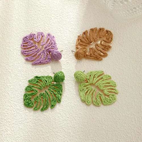 Vista 7 de RUOFFETA Aretes de hoja de palma de rafia, rafia envueltos en paja de Monstera, aretes colgantes de gota de verano tropical joyería de playa