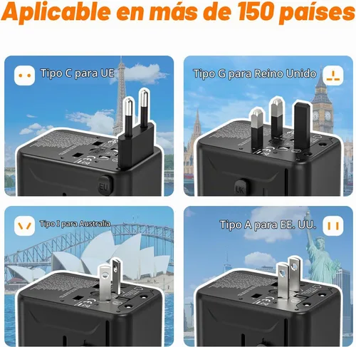 Vista 2 de CC Store Adaptador de viaje universal con 3 puertos USB-C y 2 USB-A 35W Negro Naranja-35W