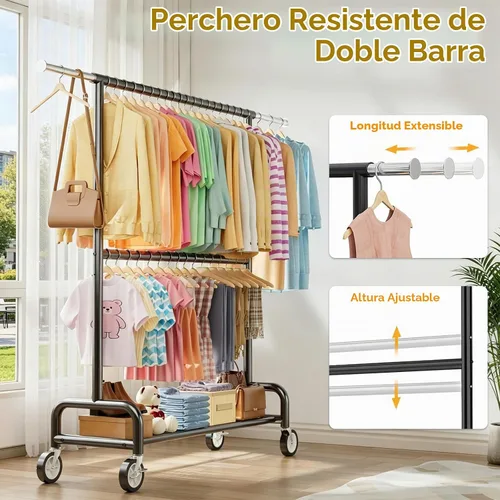 Vista 6 de Perchero de ropa resistente con carga de 860 libras, estantes de ropa rodantes de doble barra para colgar ropa, estante de ropa rodante con estantes