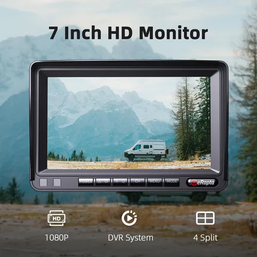 Vista 2 de eRapta Kit de sistema de cámara de respaldo HD 1080p, monitor de marcha atrás de 7 pulgadas con grabación dividida cuádruple IP69 impermeable