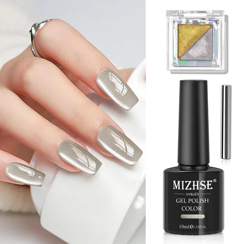 Vista 11 de MIZHSE Esmalte de uñas de gel de ojo de gato gris, esmalte de gel magnético de vidrio efecto amanecer, efecto de gatito de cristal con barra