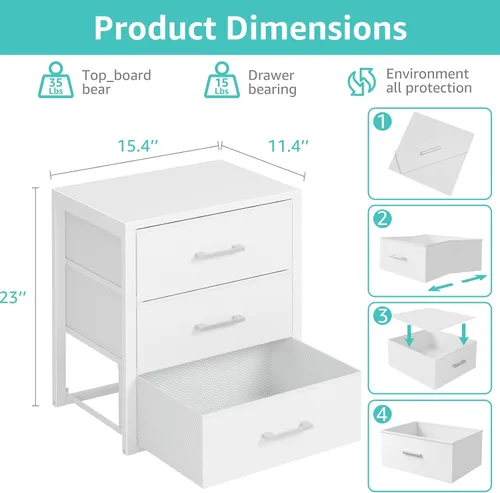 Vista 2 de BOLUO Cajones de armario blancos de tela con 3 cajones, cómoda pequeña para organizadores de armario y almacenamiento de dormitorio, estilo moderno